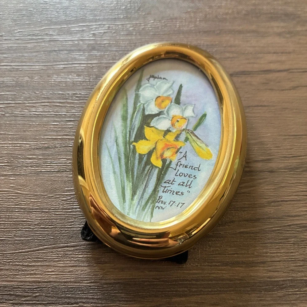 J. Hepburn His Handiwork Miniature Oval Gold Frame Daffodil Art Proverbs 17:17